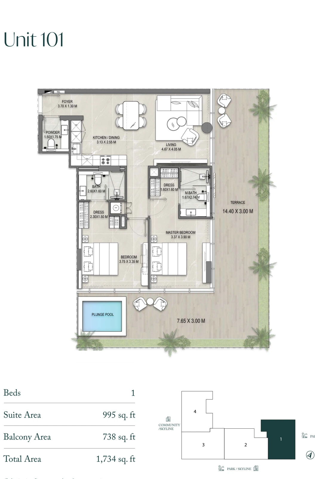 Allegro Park Unit 101 1-bedroom apartment floor plan, 1,734 sq ft