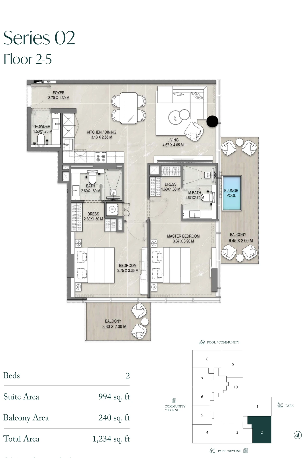 Allegro Park Series 02 2-bedroom apartment floor plan, 1,234 sq ft
