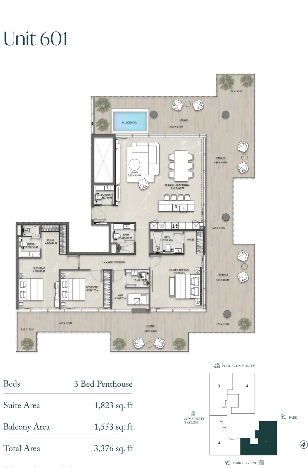 Allegro Park Penthouse Unit 601 3-bedroom apartment floor plan, 3,376 sq ft