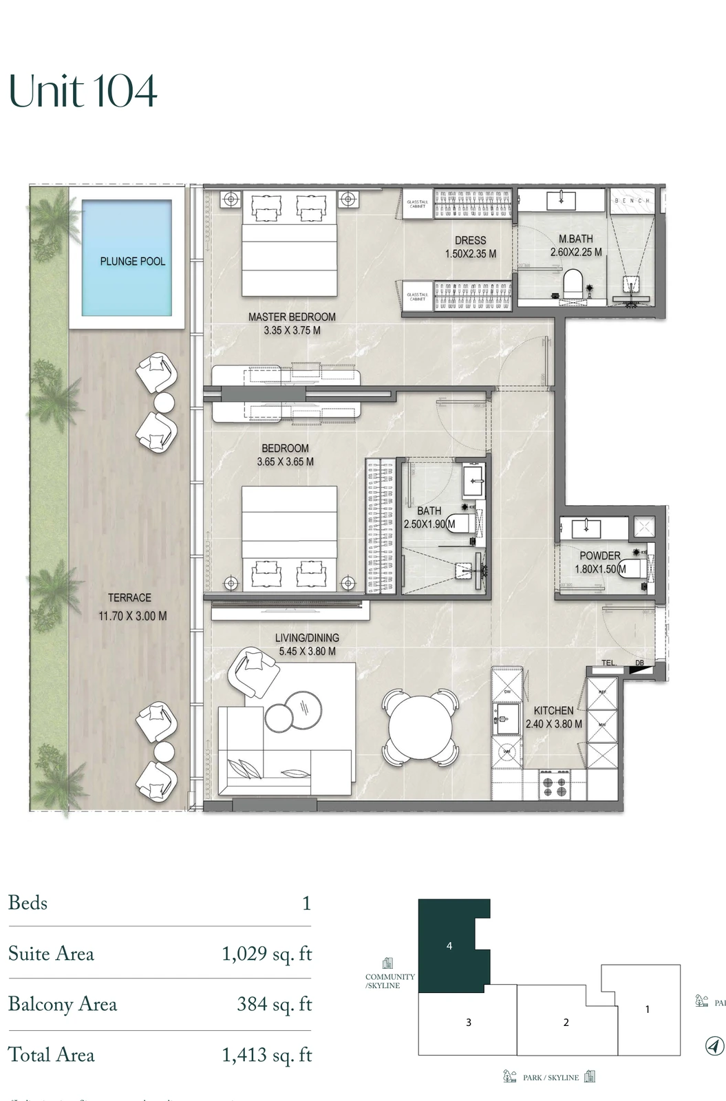Allegro Park Unit 104 1-bedroom apartment floor plan, 1,413 sq ft