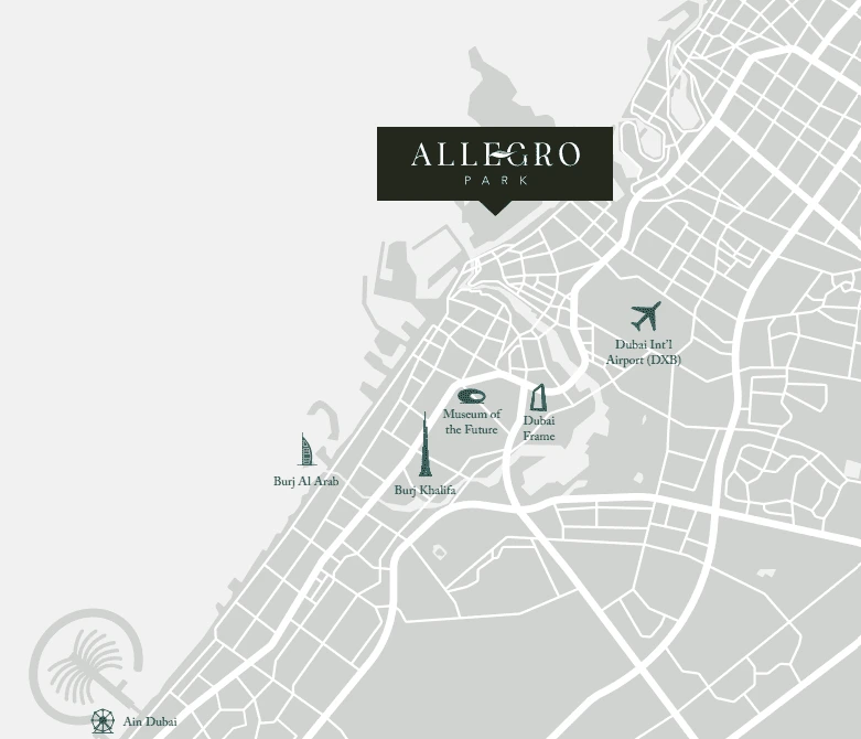 Allegro Park location map in Dubai showing Dubai International Airport, Downtown landmarks, Burj Al Arab and Ain Dubai