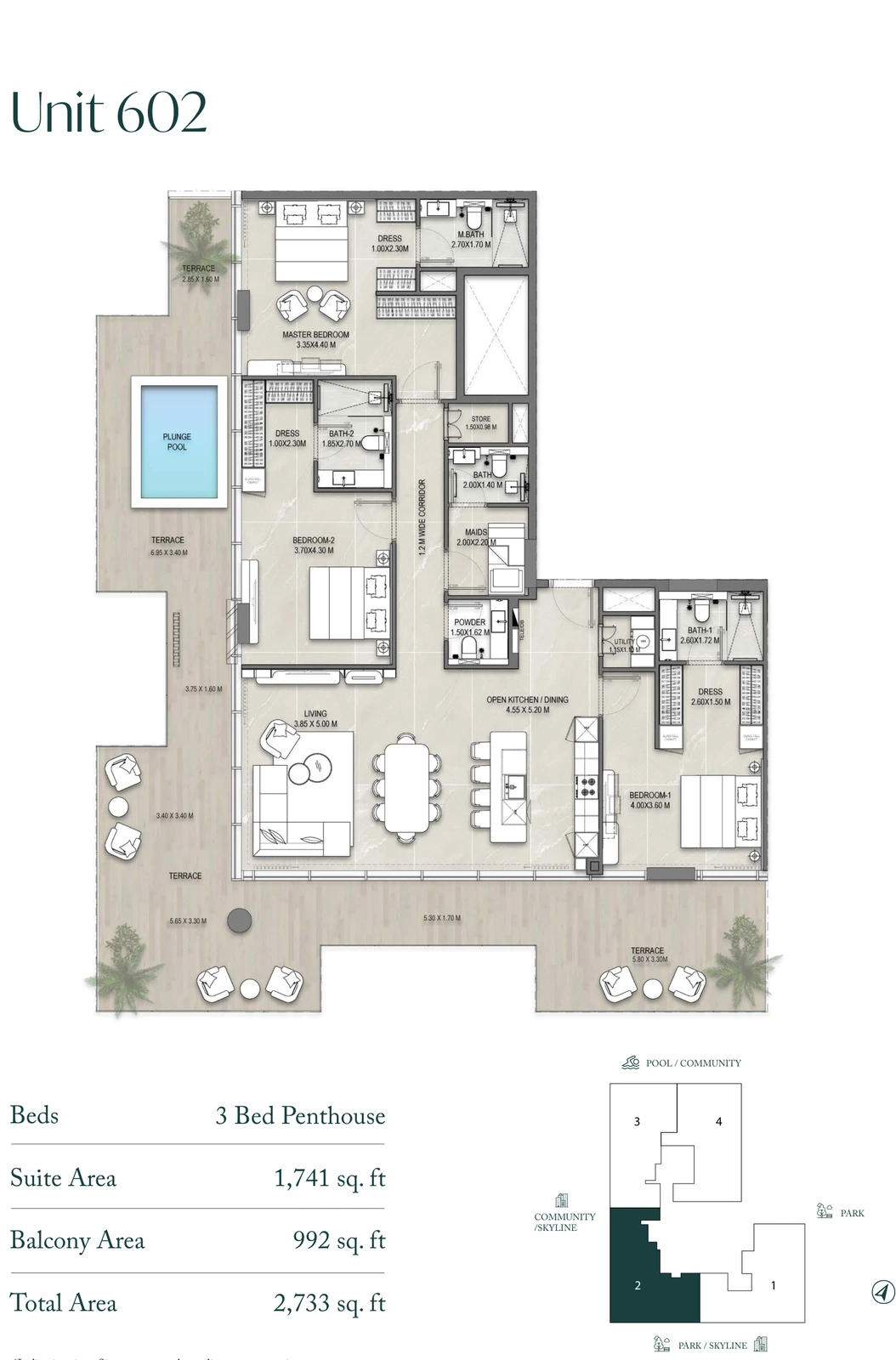 Allegro Park Penthouse Unit 602 3-bedroom apartment floor plan, 2,733 sq ft
