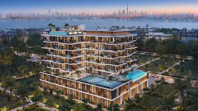 Allegro Park aerial exterior overlooking landscaped parkland on Dubai Islands