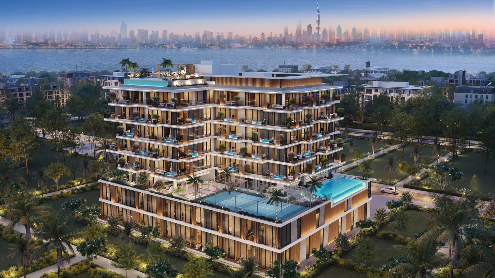 Allegro Park aerial exterior overlooking landscaped parkland on Dubai Islands