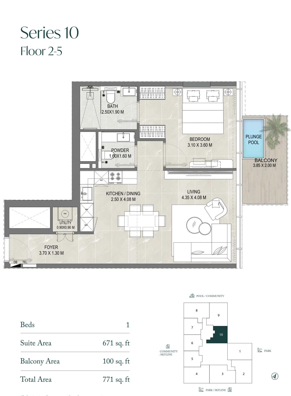Allegro Park Series 10 1-bedroom apartment floor plan, 771 sq ft