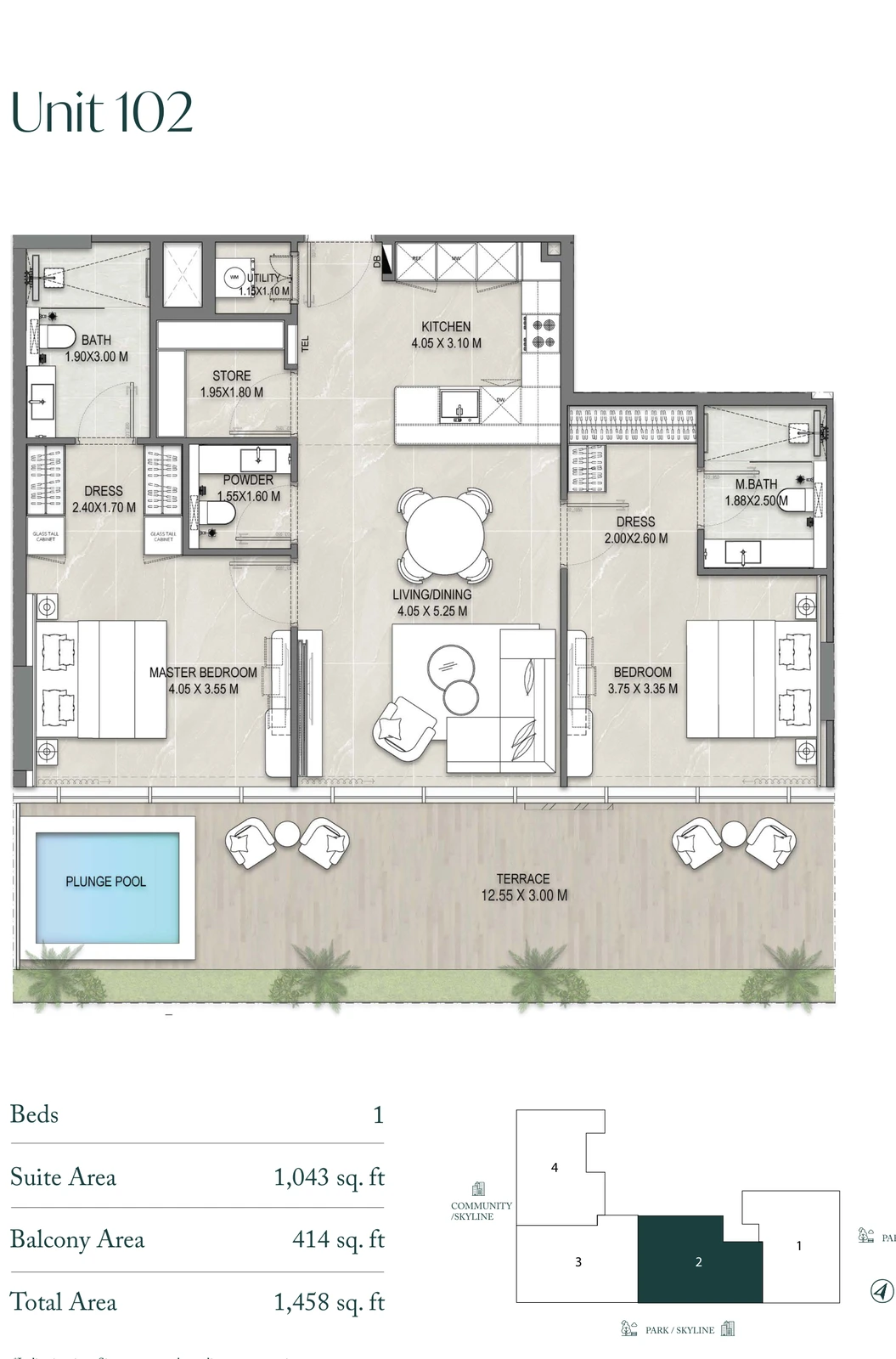 Allegro Park Unit 102 1-bedroom apartment floor plan, 1,458 sq ft