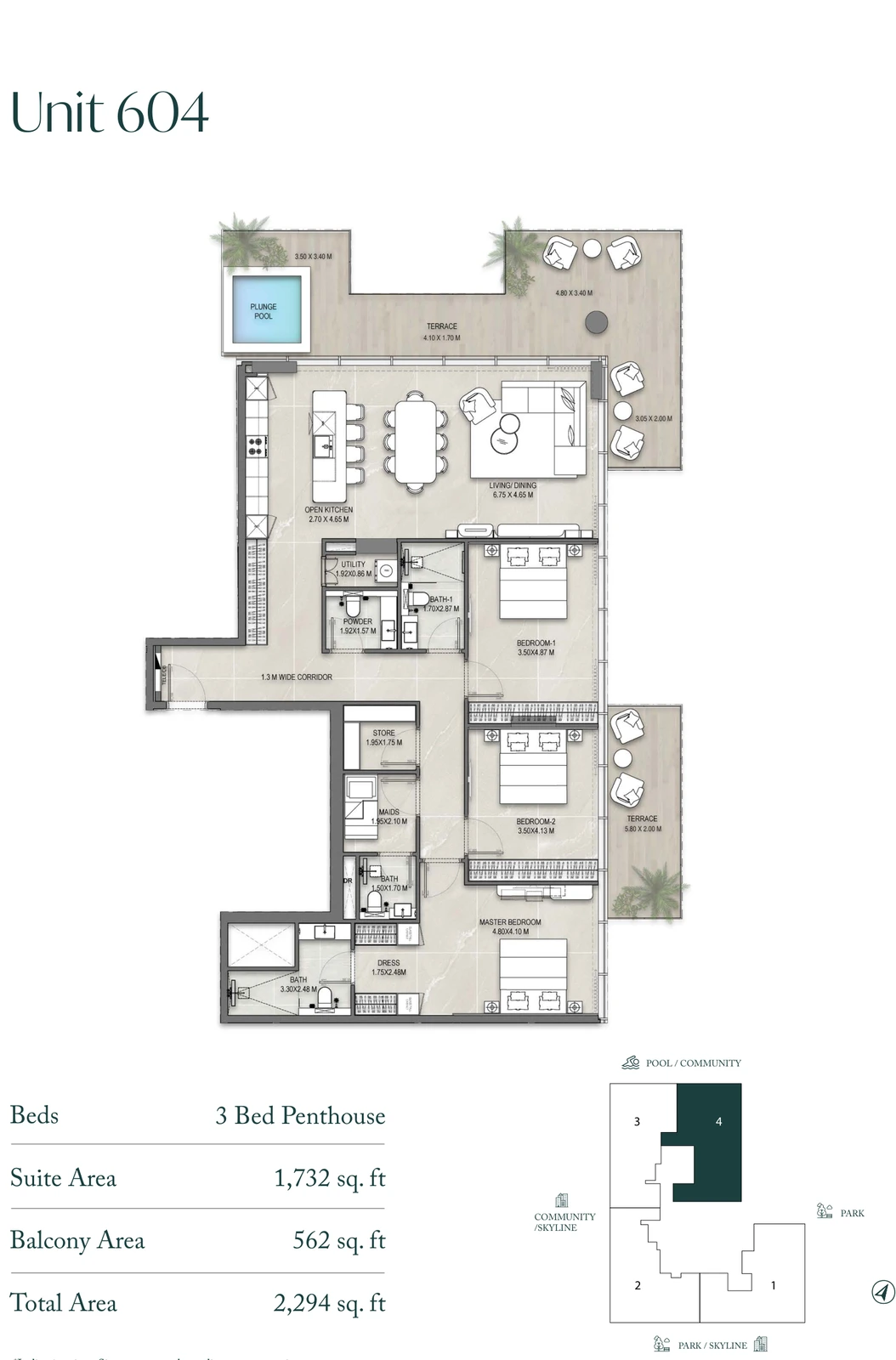 Allegro Park Penthouse Unit 604 3-bedroom apartment floor plan, 2,294 sq ft