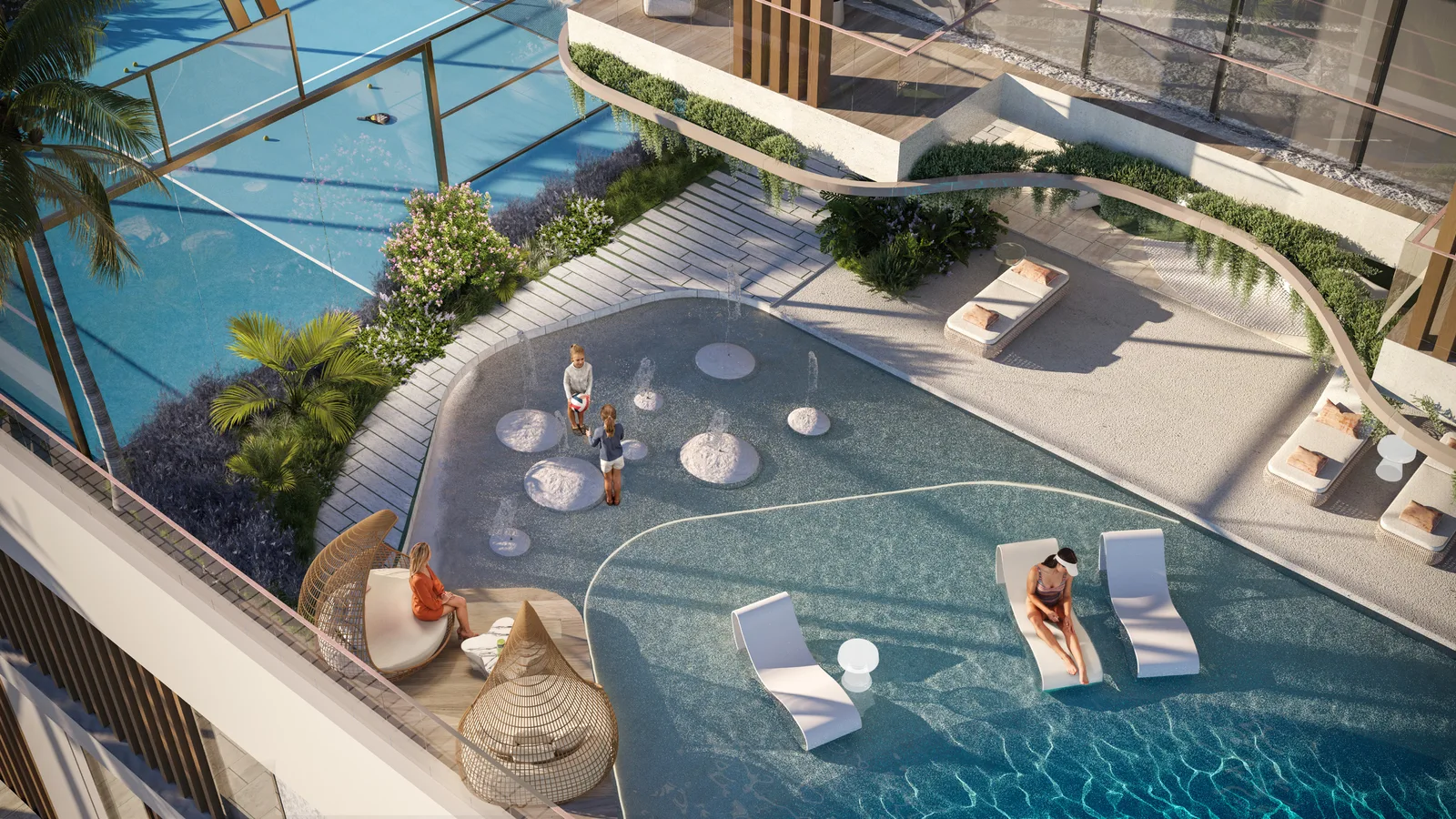 Allegro Park podium beach-entry pool with loungers and landscaped surroundings