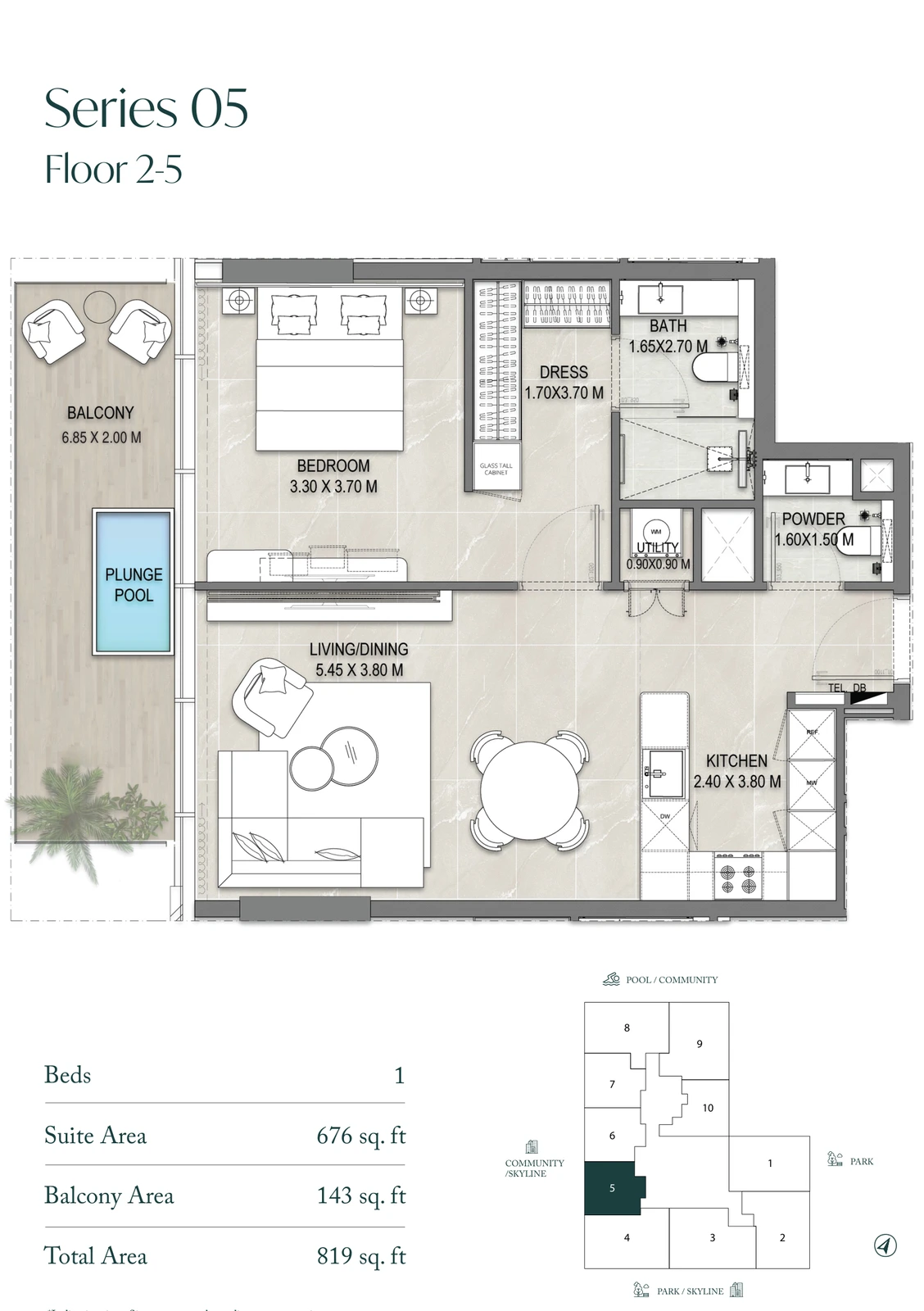 Allegro Park Series 05 1-bedroom apartment floor plan, 819 sq ft