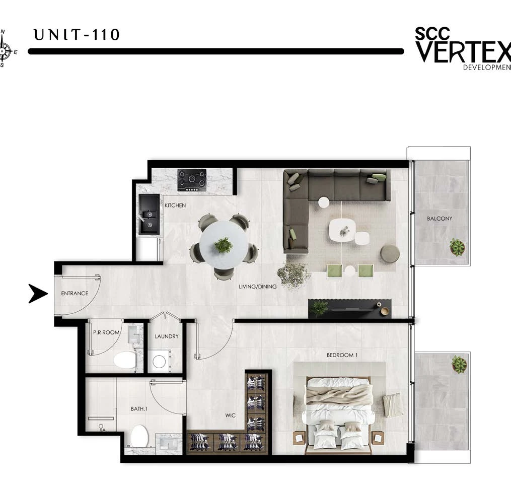 The Willows Residences 1-bedroom Type F apartment floor plan, 813.54 sq ft