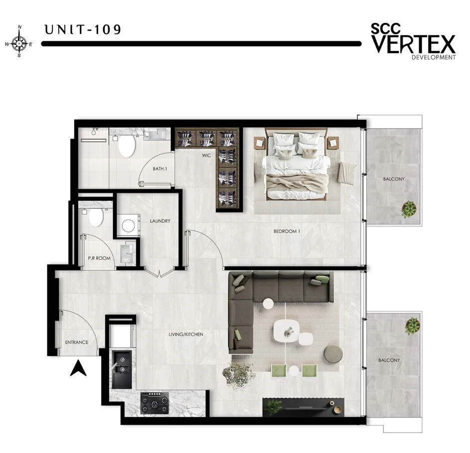The Willows Residences 1-bedroom Type D apartment floor plan, 684.15 sq ft