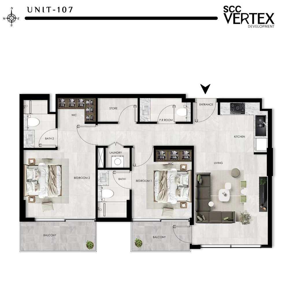The Willows Residences 2-bedroom Type A apartment floor plan, 978.22 sq ft
