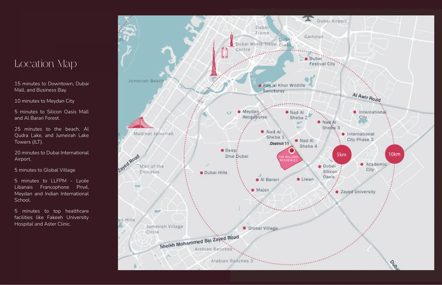 The Willows Residences location map showing Meydan, Downtown Dubai, Business Bay, Dubai International Airport and nearby schools