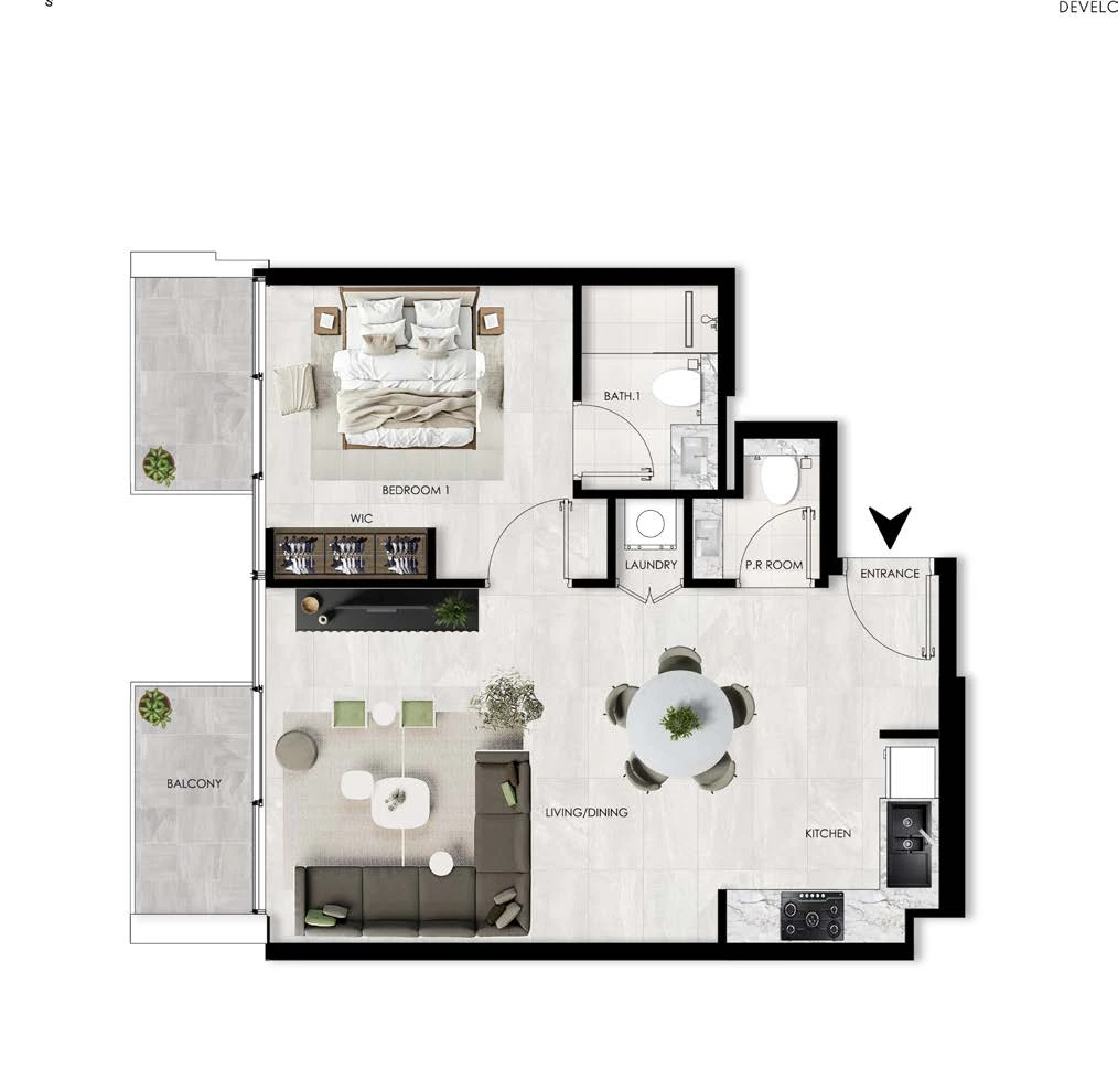The Willows Residences 1-bedroom Type C apartment floor plan, 705.04 sq ft