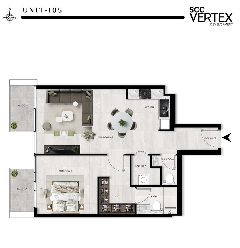 The Willows Residences 1-bedroom Type B apartment floor plan, 814.07 sq ft