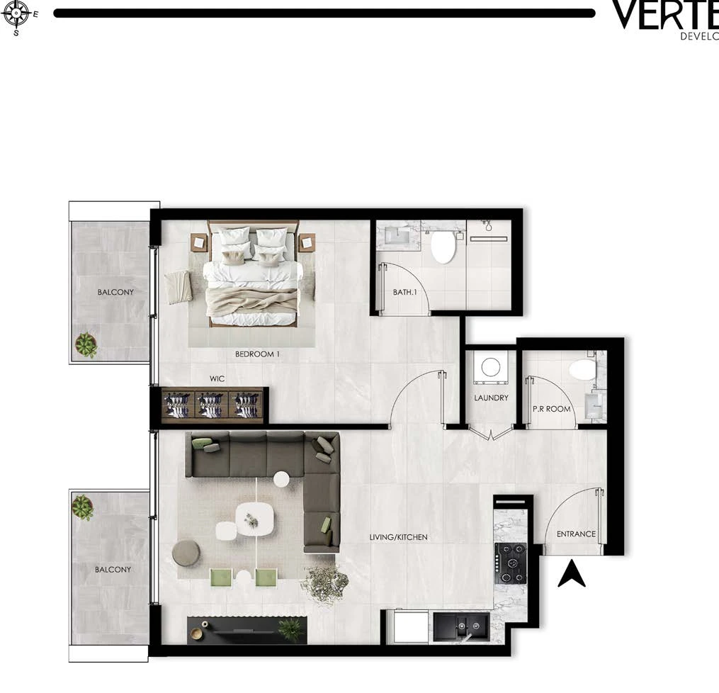 The Willows Residences 1-bedroom Type E apartment floor plan, 707.40 sq ft