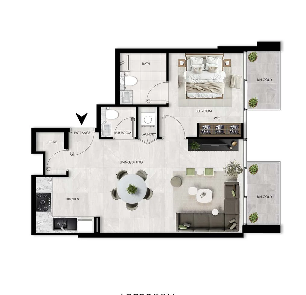The Willows Residences 1-bedroom Type A apartment floor plan, 738.83 sq ft