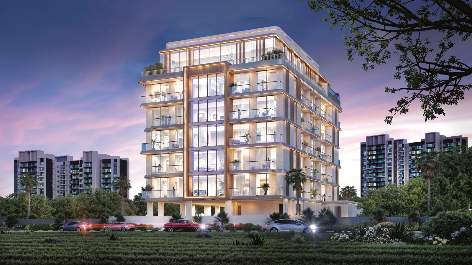The Willows Residences illuminated evening exterior in Meydan