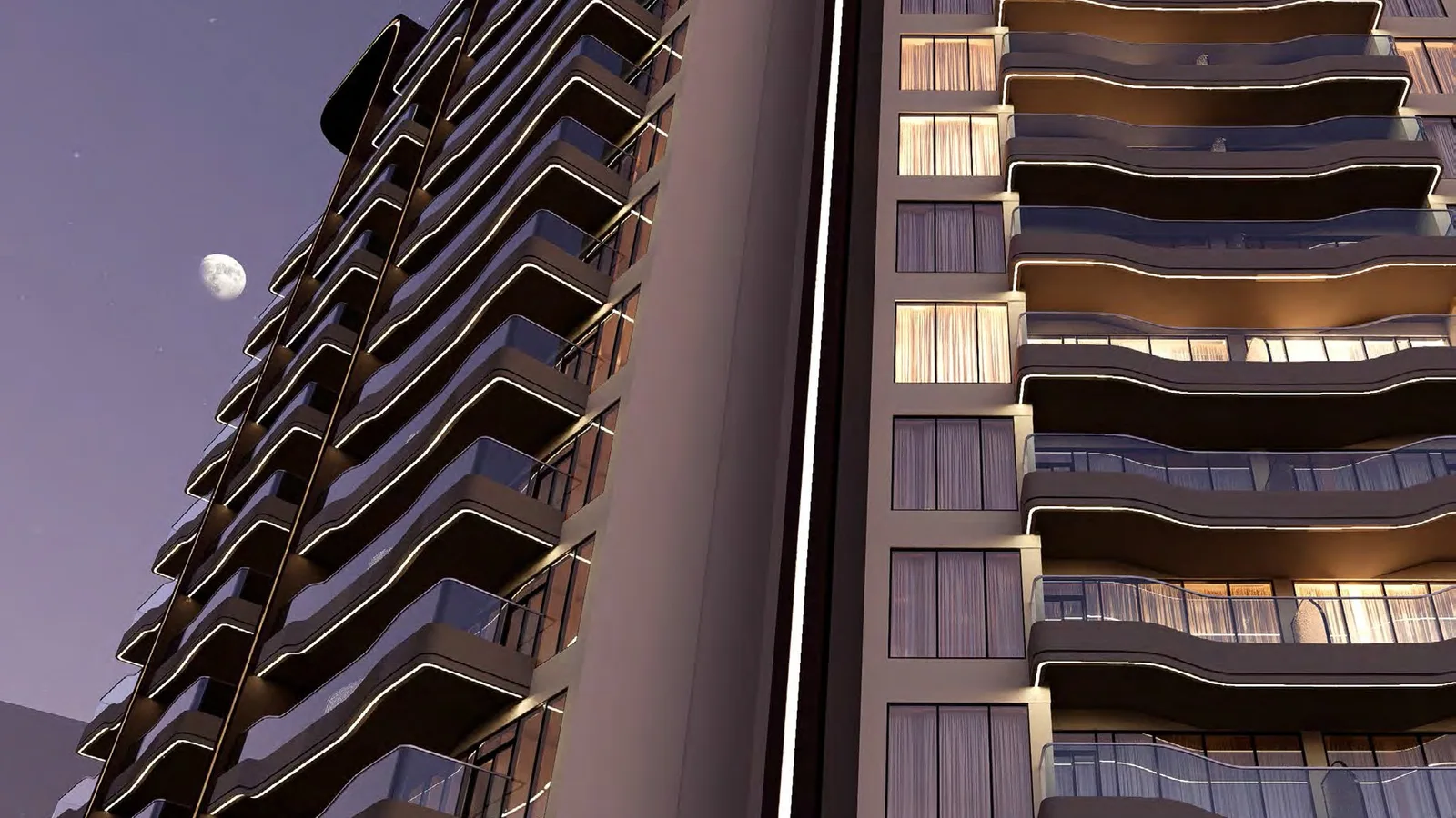 Reef 995 tower facade with illuminated residences and curved balcony lines