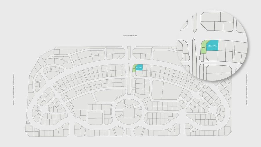 Dubai Land Residence Complex site plan showing the Reef 995 plot