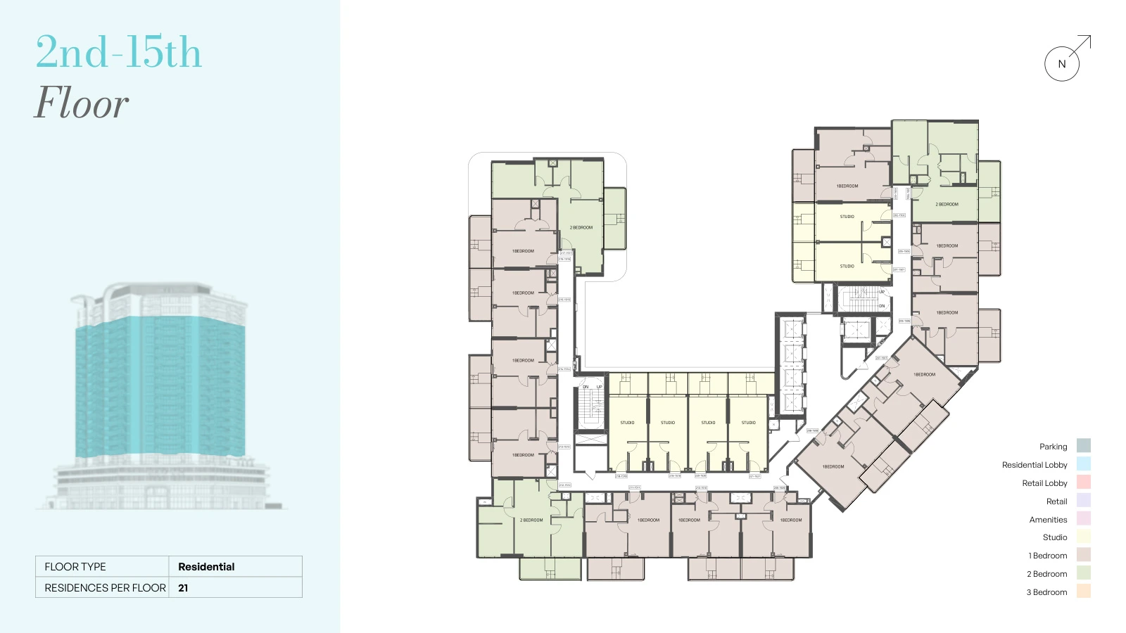 Reef 995 studio apartment floor plan, 423-438 sq ft, typical floors 2-15