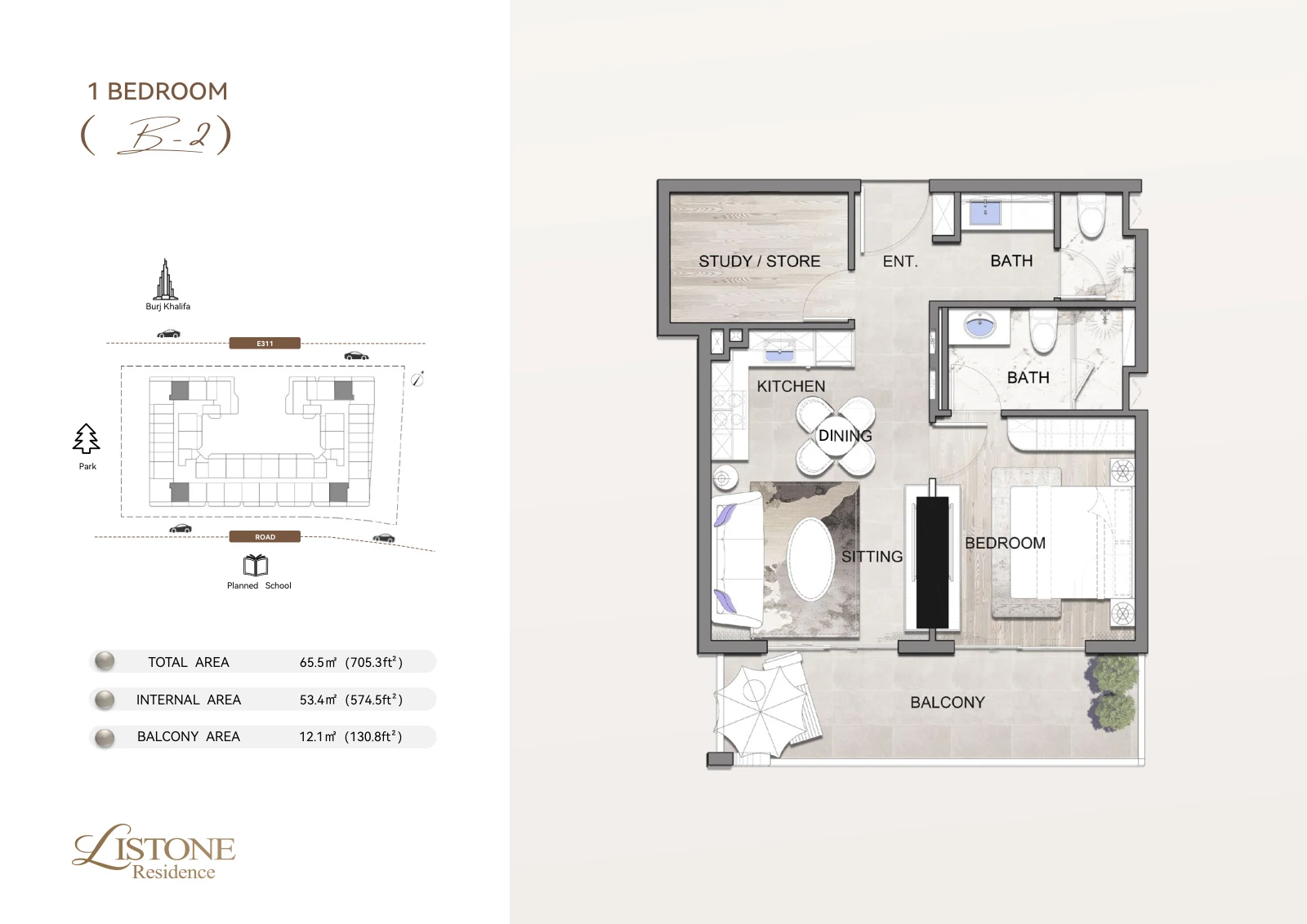 Listone Residence Apartment, 1 Bedroom Type B-2, 705.3 sq ft floor plan