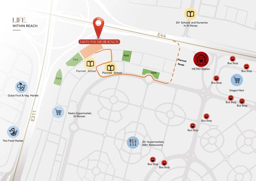 Listone Residence location map in International City, Dubai, showing nearby schools, parks, supermarkets, bus stops and the planned metro station