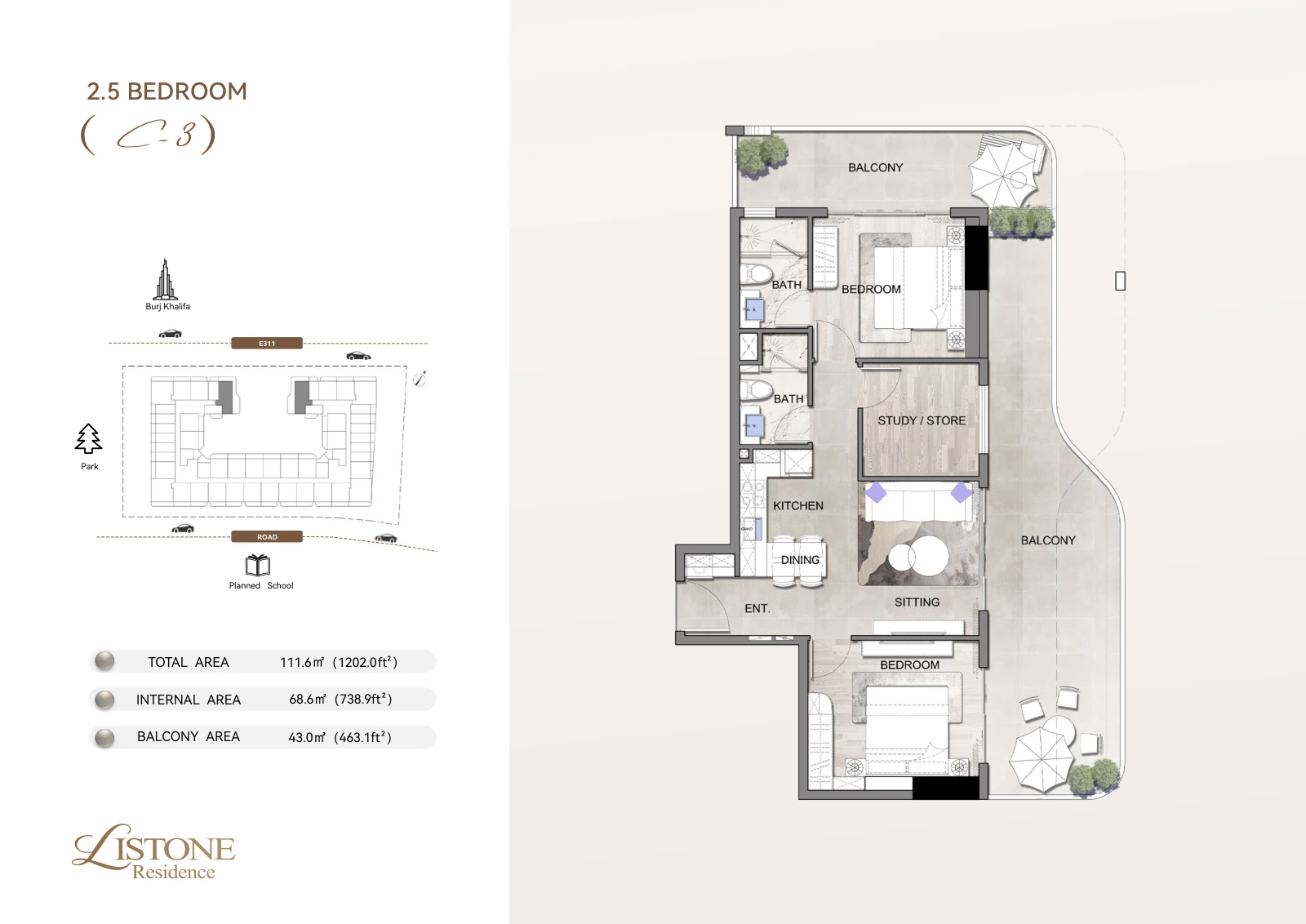 Listone Residence 2 Bedroom Apartment, 2.5 Bedroom Type C-3, 1,202.0 sq ft floor plan
