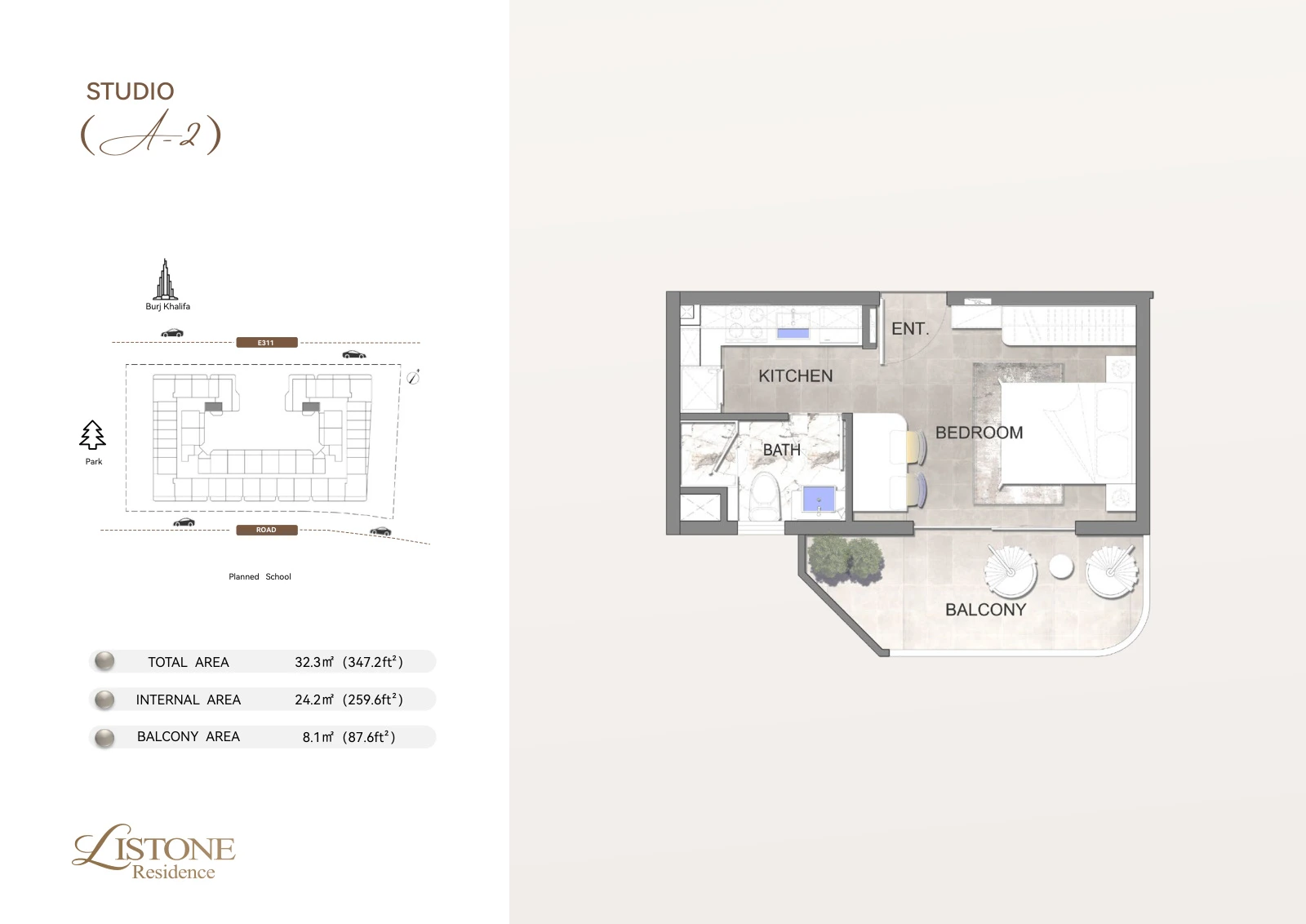 Listone Residence Apartment, Studio Type A-2, 347.2 sq ft floor plan