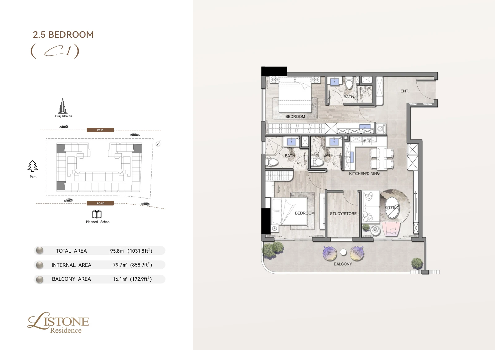 Listone Residence 2 Bedroom Apartment, 2.5 Bedroom Type C-1, 1,031.8 sq ft floor plan