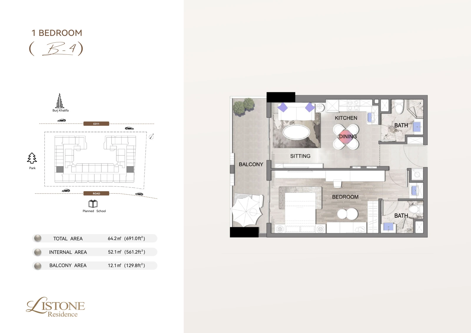 Listone Residence Apartment, 1 Bedroom Type B-4, 691.0 sq ft floor plan