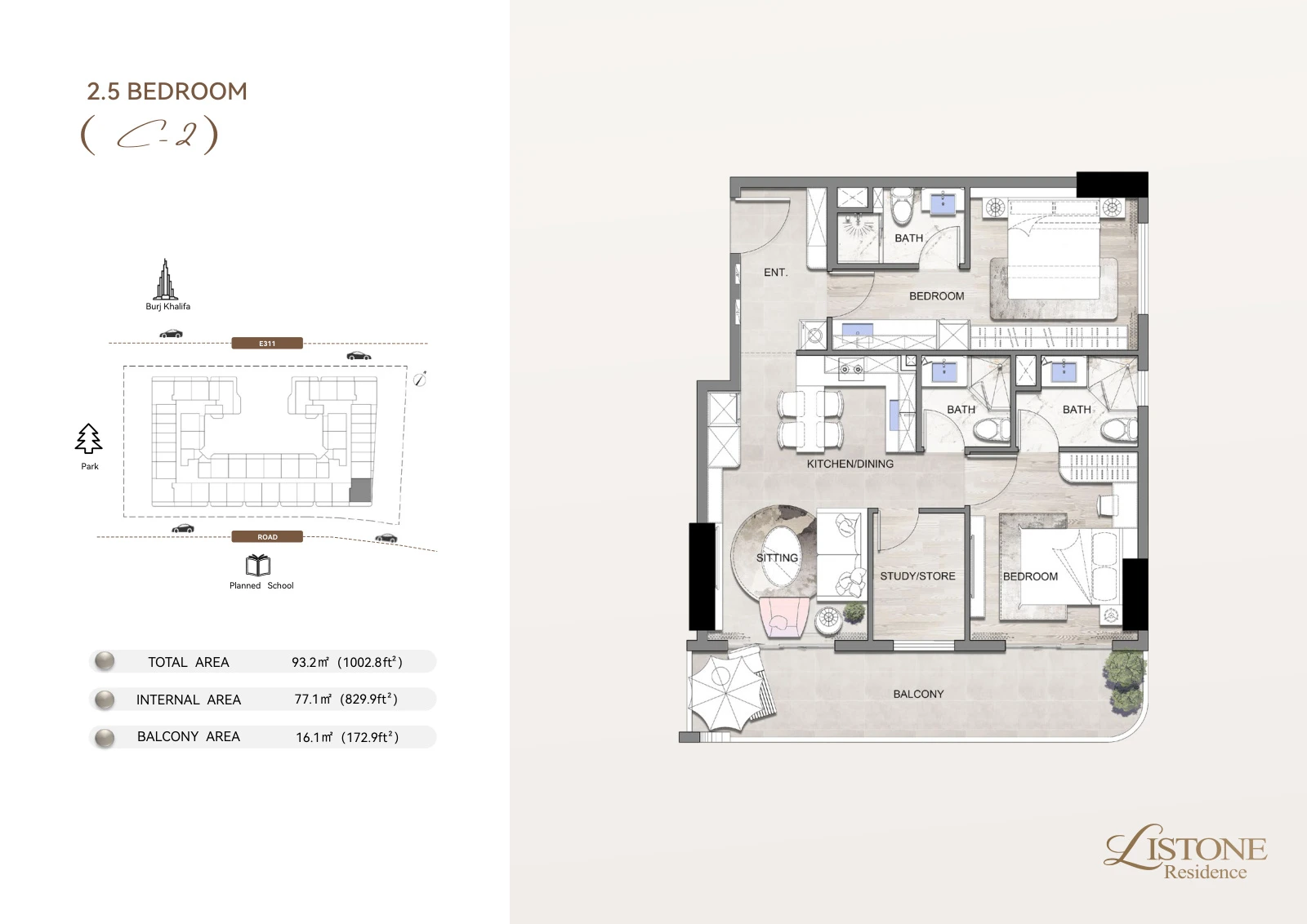 Listone Residence 2 Bedroom Apartment, 2.5 Bedroom Type C-2, 1,002.8 sq ft floor plan