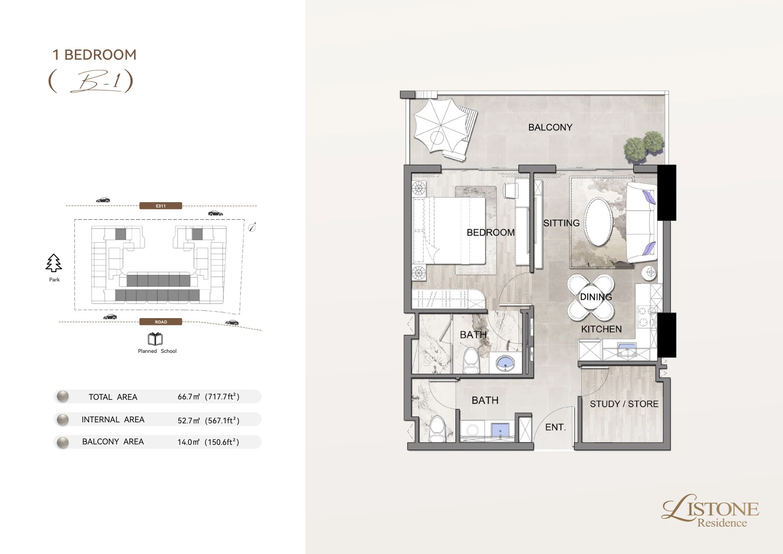 Listone Residence Apartment, 1 Bedroom Type B-1, 717.7 sq ft floor plan