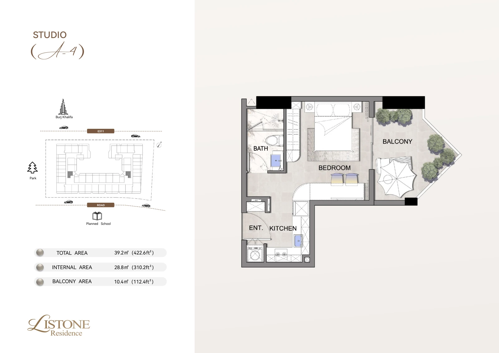 Listone Residence Apartment, Studio Type A-4, 422.6 sq ft floor plan