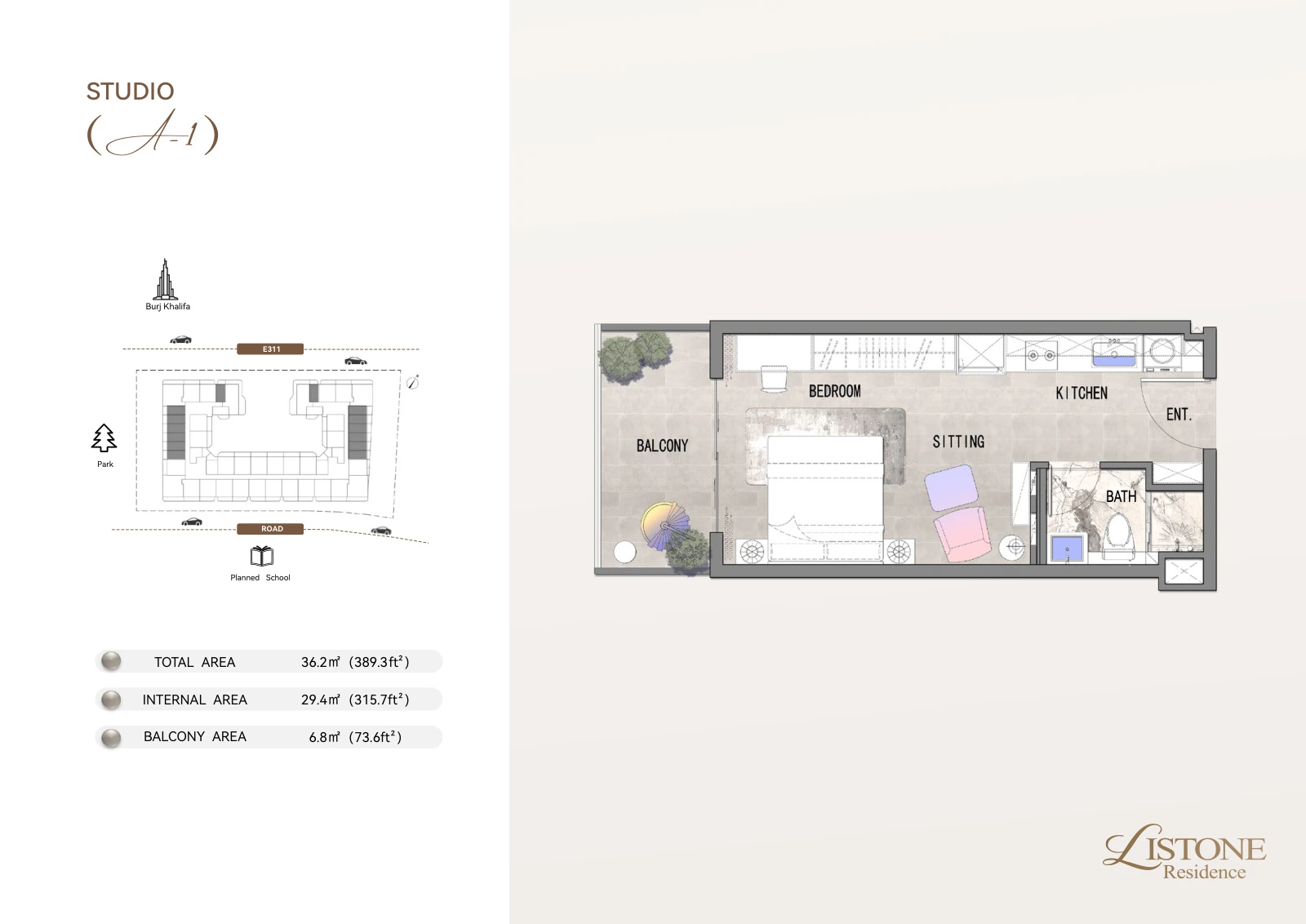 Listone Residence Apartment, Studio Type A-1, 389.3 sq ft floor plan