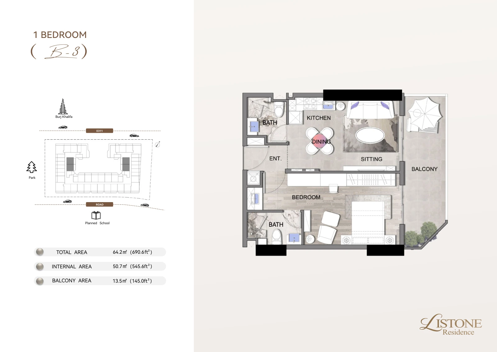 Listone Residence Apartment, 1 Bedroom Type B-3, 690.6 sq ft floor plan