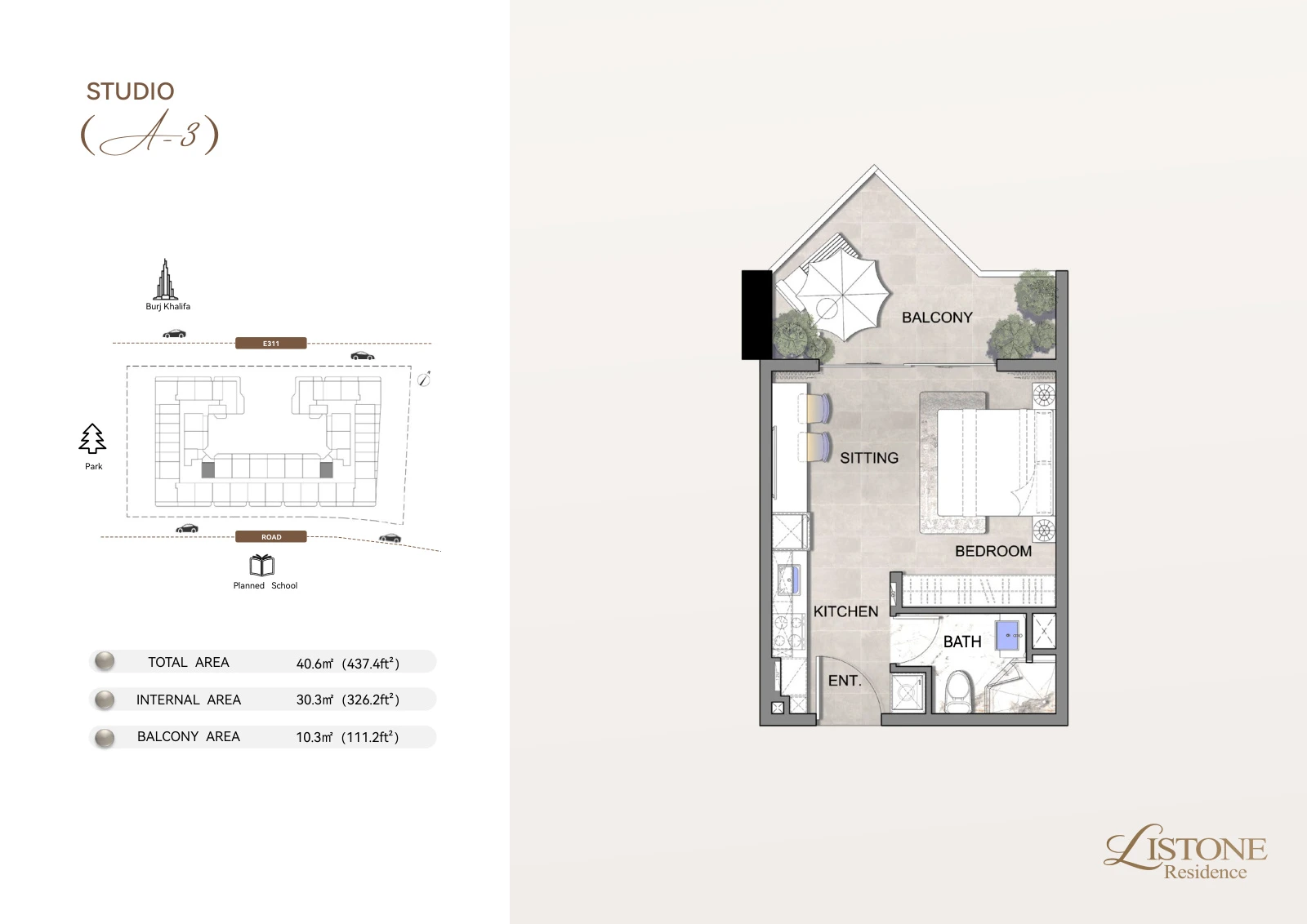 Listone Residence Apartment, Studio Type A-3, 437.4 sq ft floor plan