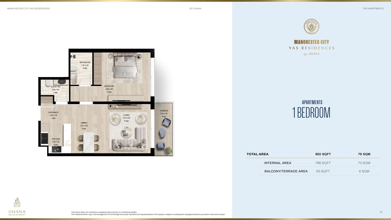 Manchester City Yas Residences 1 Bedroom Apartment floor plan, 850 sq ft