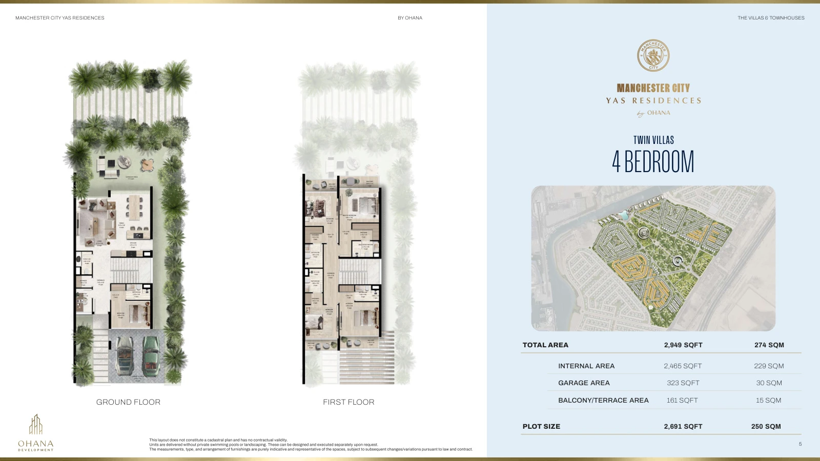 Manchester City Yas Residences Duplexes 4 Bedroom Twin Villa floor plan, ground and first floors, 2,949 sq ft
