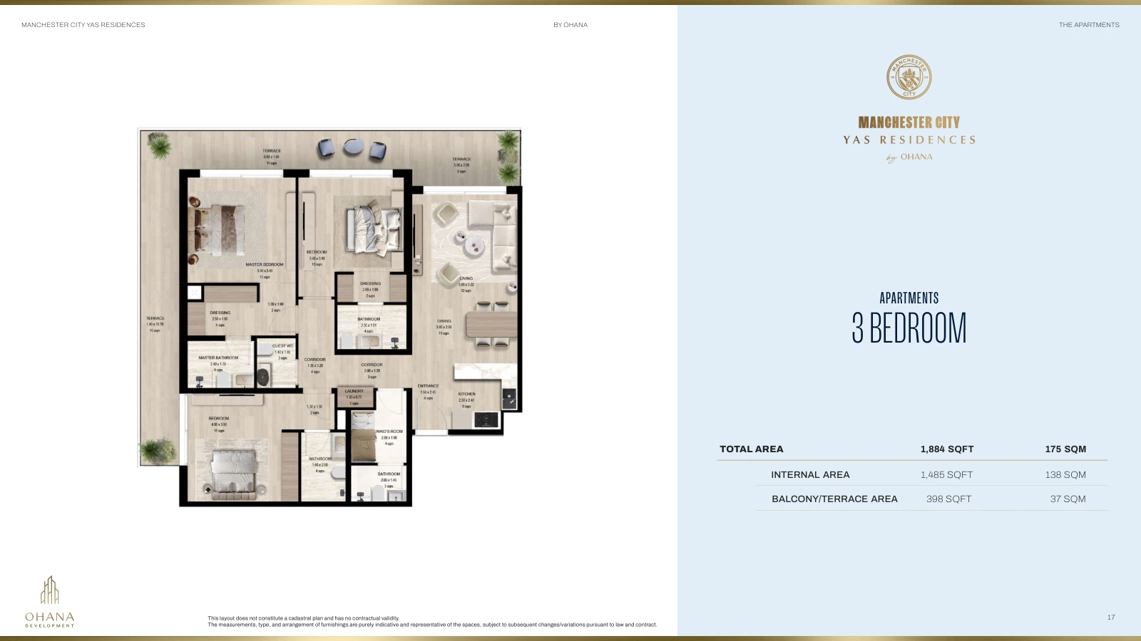 Manchester City Yas Residences 3 Bedroom Apartment floor plan, 1,884 sq ft