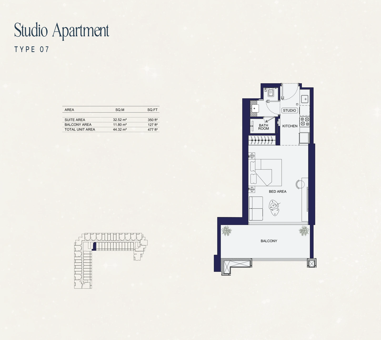 Studio Type 07 apartment floor plan at Binghatti Starfall in Al Jaddaf, with a total area of 477 sq ft.