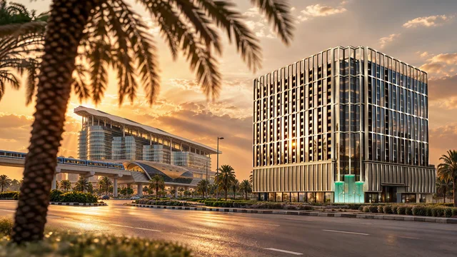 Sunset exterior view of Binghatti Starfall in Al Jaddaf, Dubai.