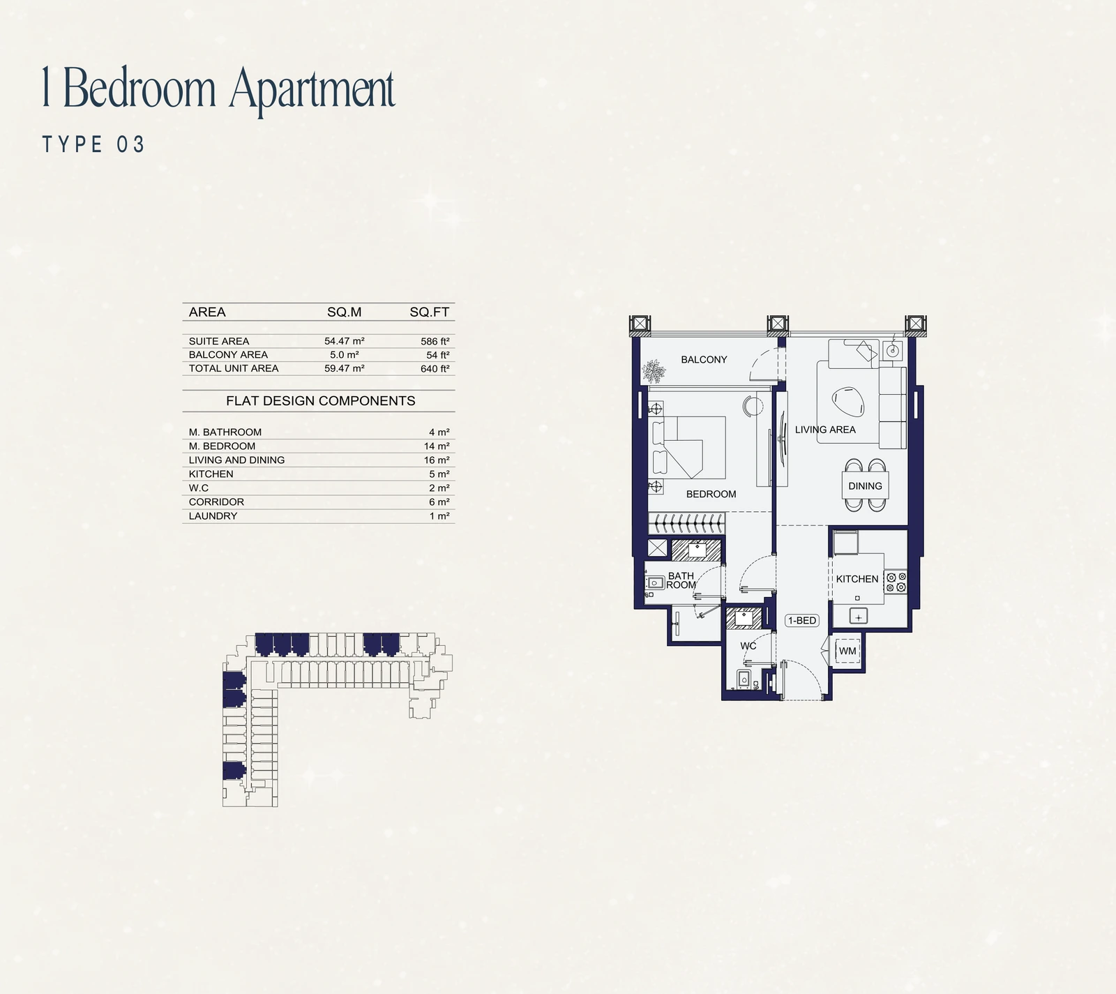 1 Bedroom Type 03 apartment floor plan at Binghatti Starfall in Al Jaddaf, with a total area of 640 sq ft.
