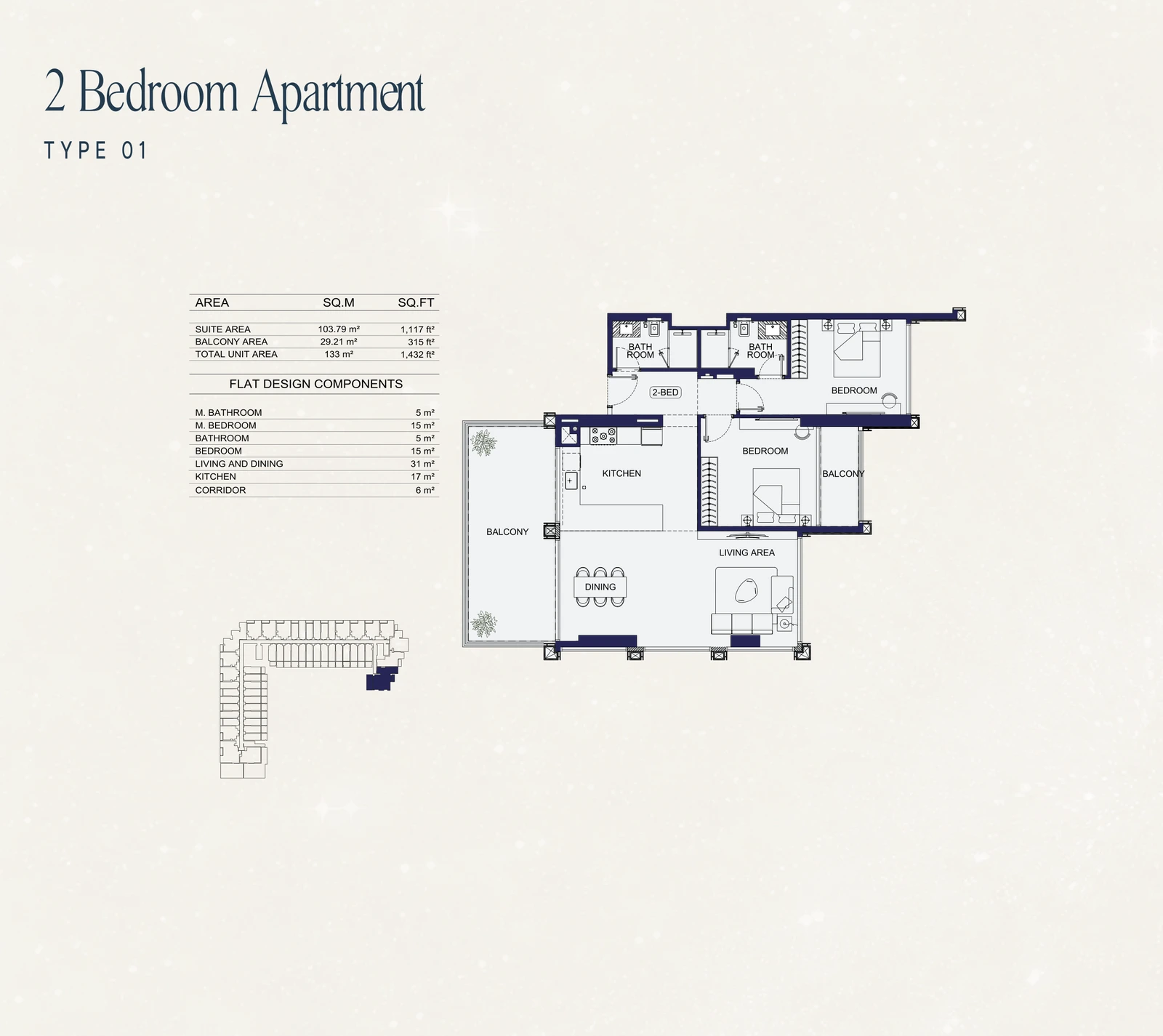 2 Bedroom Type 01 apartment floor plan at Binghatti Starfall in Al Jaddaf, with a total area of 1,432 sq ft.