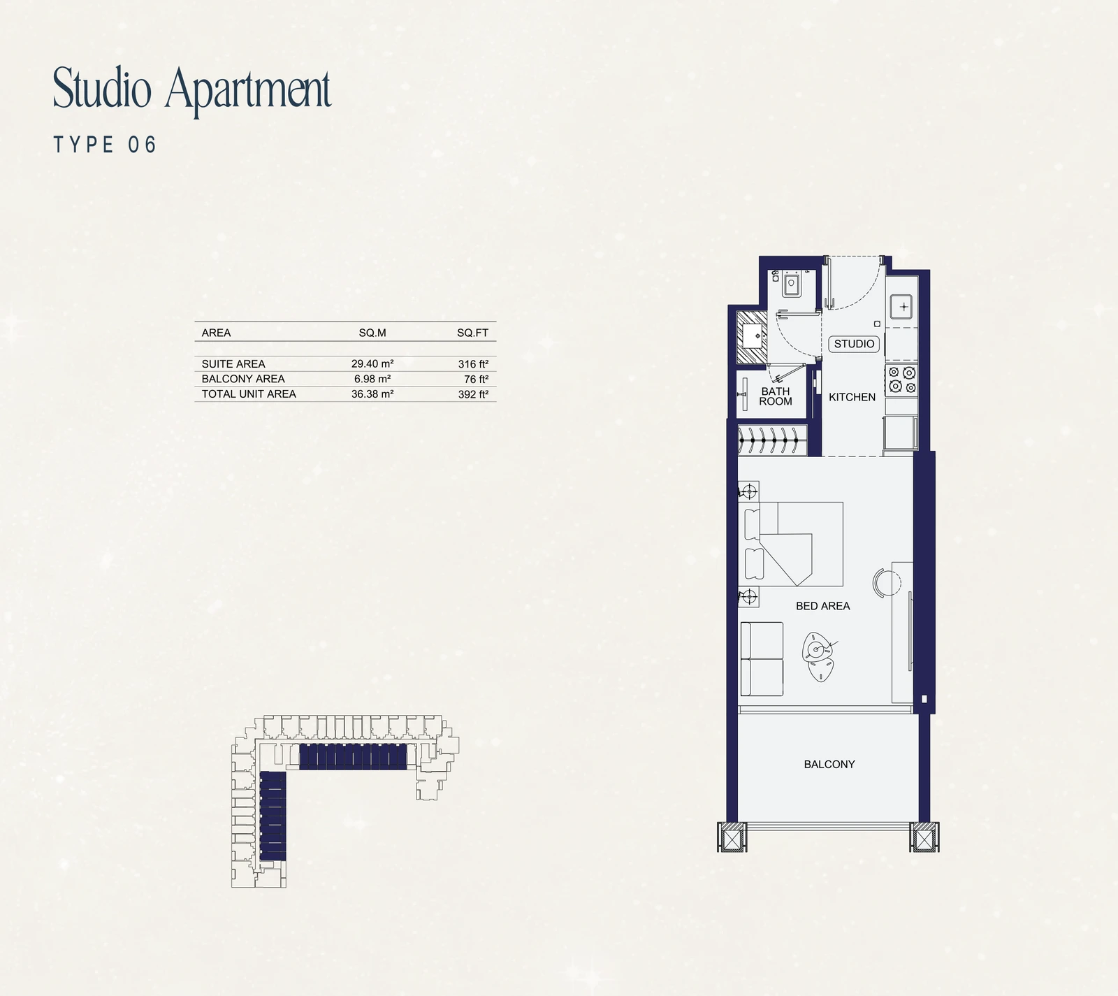 Studio Type 06 apartment floor plan at Binghatti Starfall in Al Jaddaf, with a total area of 392 sq ft.