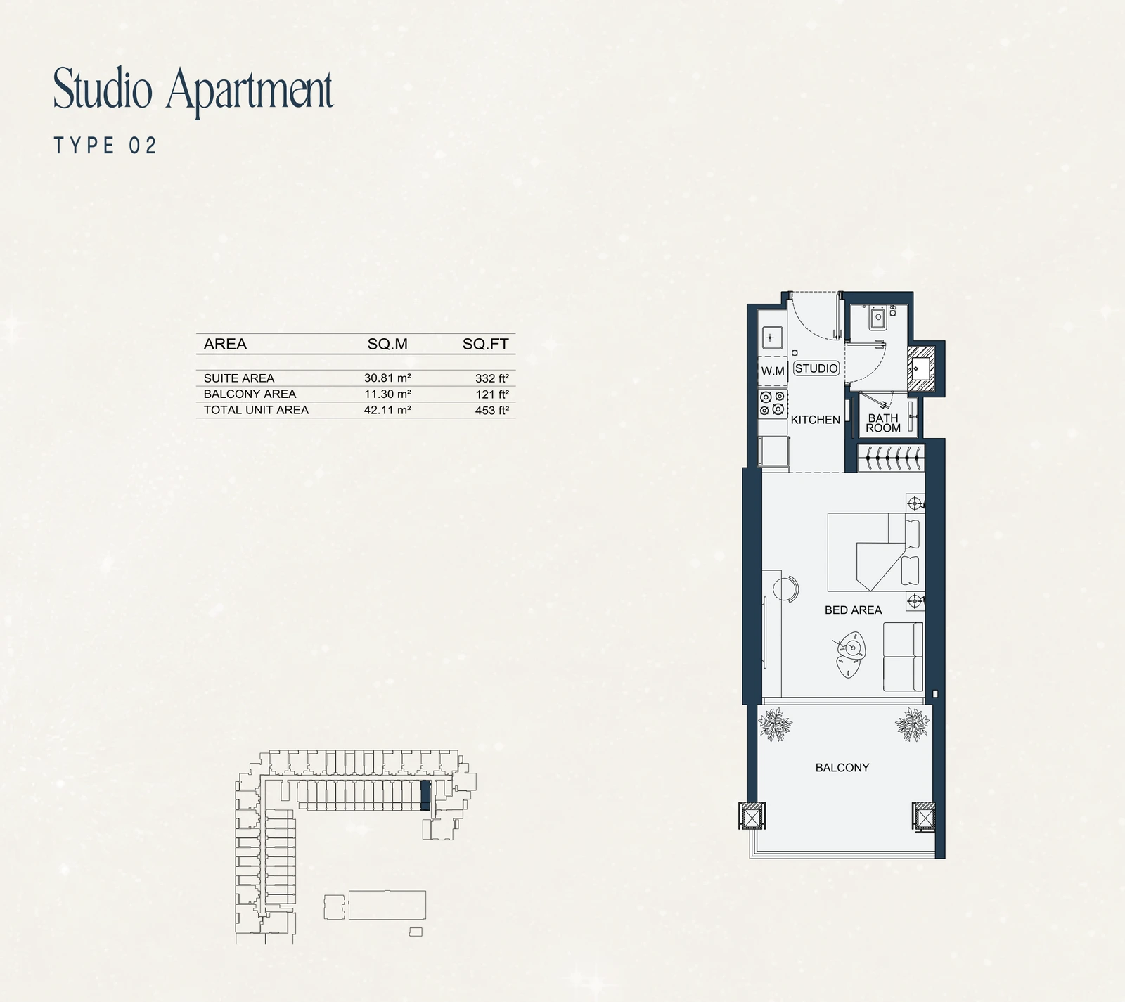 Studio Type 02 apartment floor plan at Binghatti Starfall in Al Jaddaf, with a total area of 453 sq ft.
