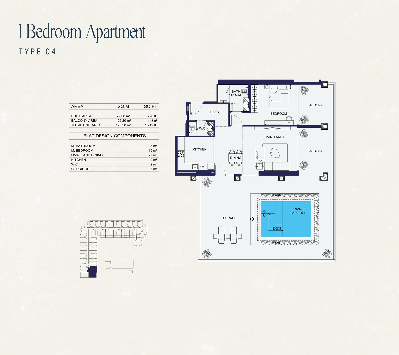 1 Bedroom Type 04 apartment floor plan at Binghatti Starfall in Al Jaddaf, with a total area of 1,919 sq ft.