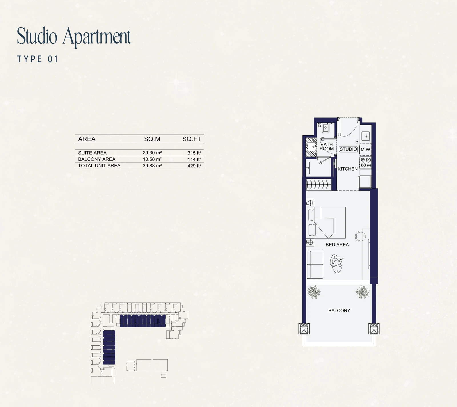 Studio Type 01 apartment floor plan at Binghatti Starfall in Al Jaddaf, with a total area of 429 sq ft.