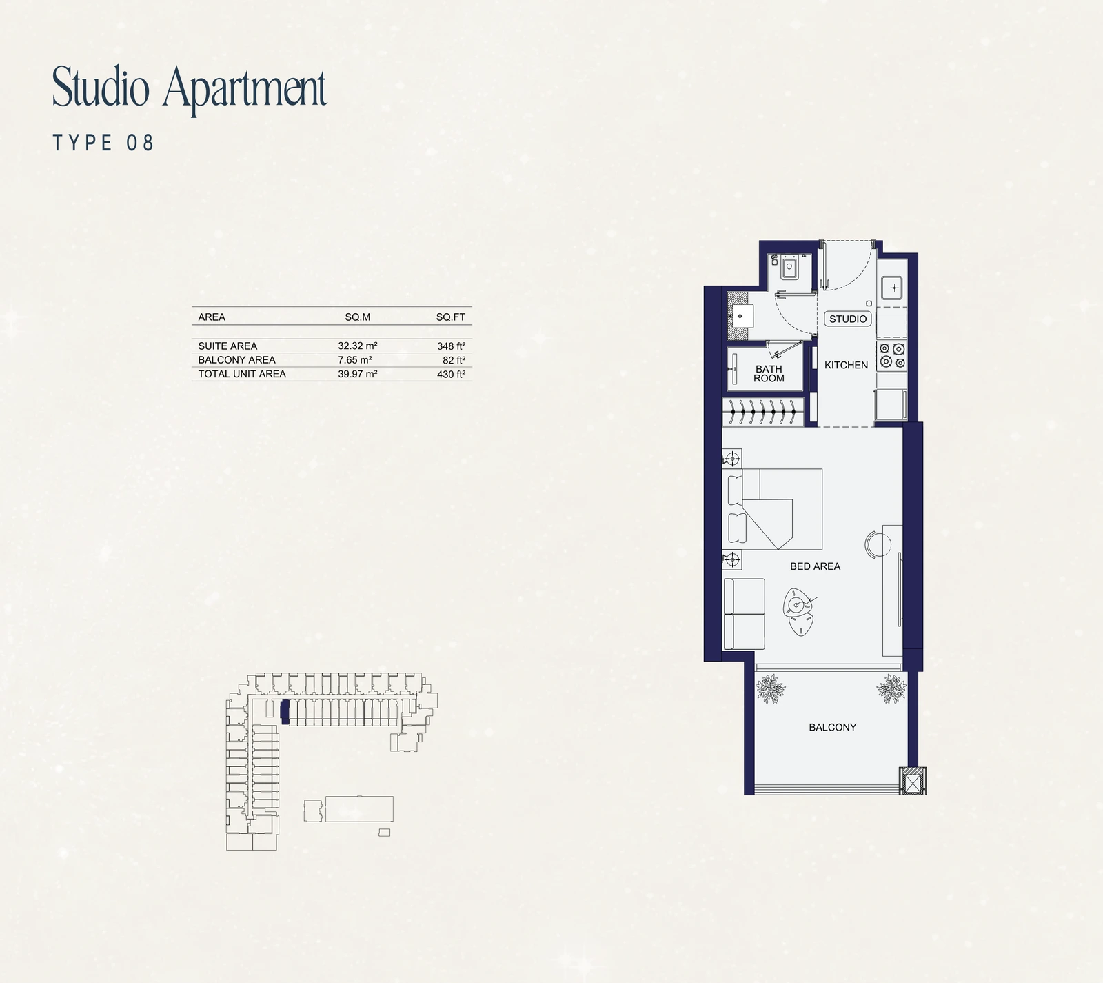 Studio Type 08 apartment floor plan at Binghatti Starfall in Al Jaddaf, with a total area of 430 sq ft.