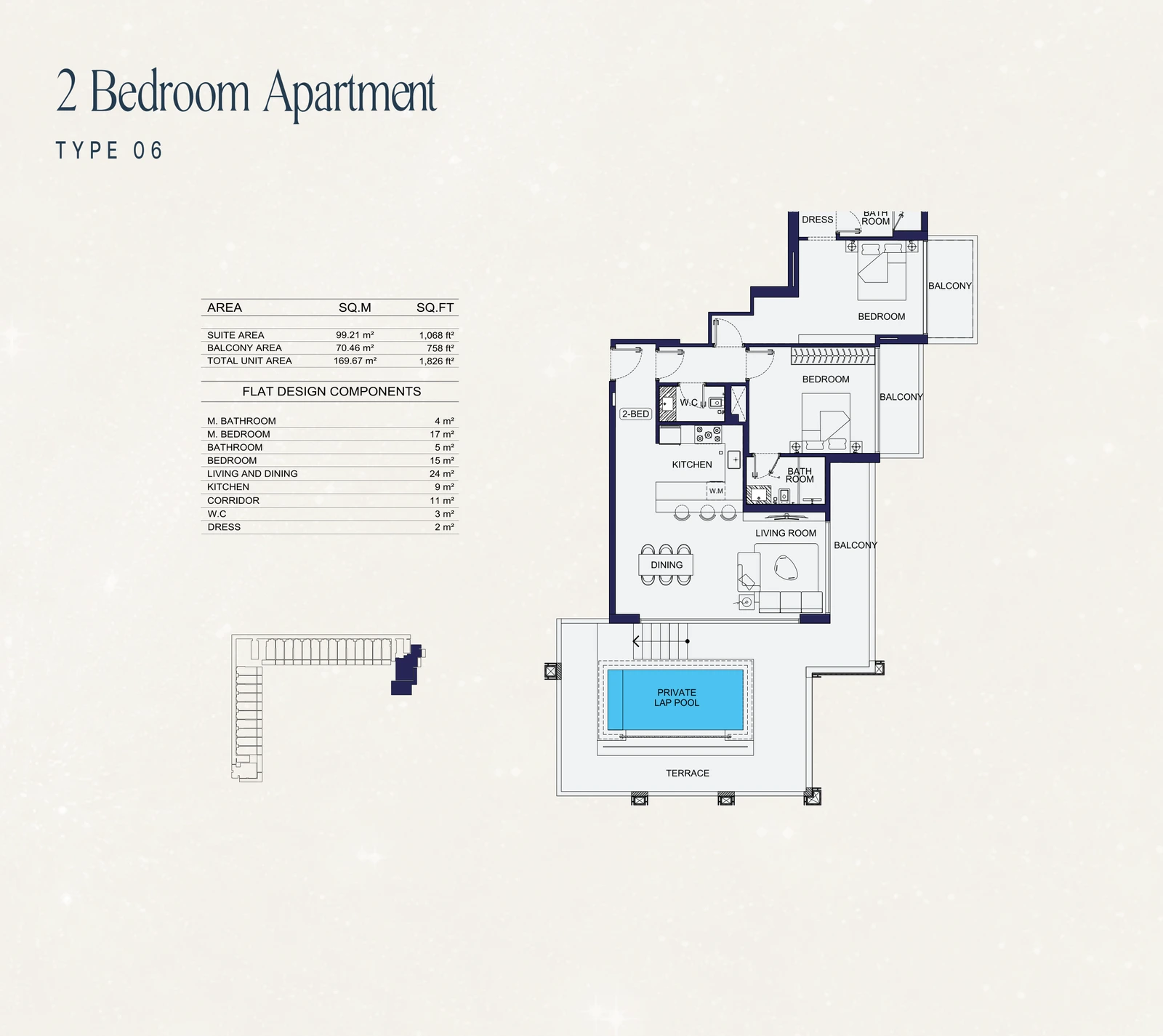 2 Bedroom Type 06 apartment floor plan at Binghatti Starfall in Al Jaddaf, with a total area of 1,826 sq ft.